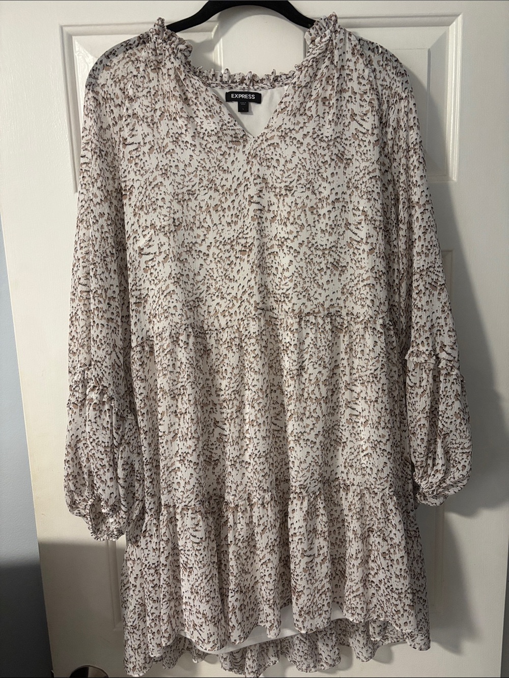 Express Cream Dress with Brown Micro-Floral Print, Long Sleeves